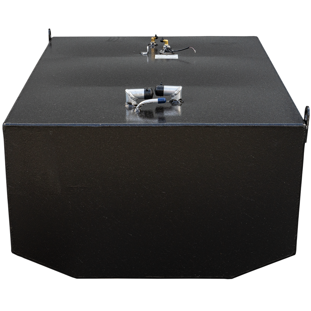 A black, rectangular replacement belly fuel tank with various connection points and wires on its top surface. The tank has a textured finish and angled corners on the bottom