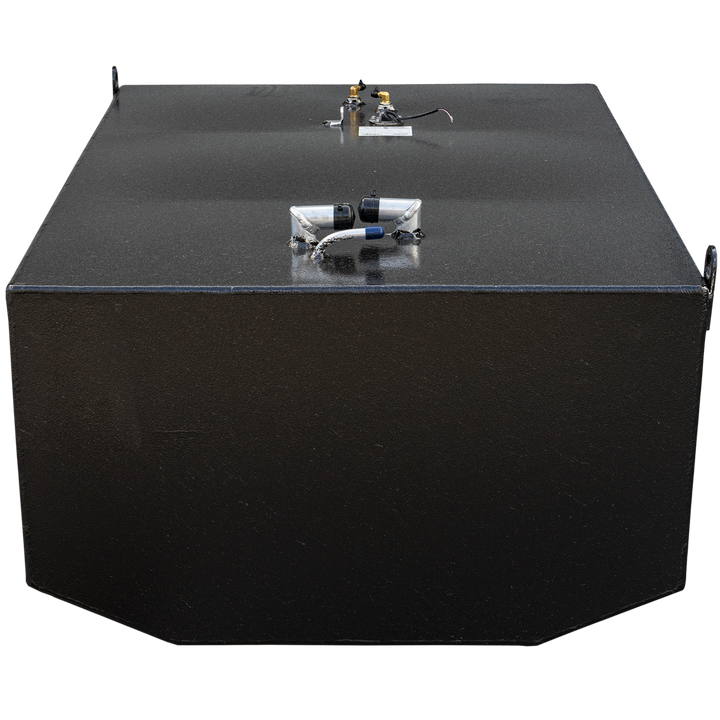 A black, rectangular replacement belly fuel tank with various connection points and wires on its top surface. The tank has a textured finish and angled corners on the bottom