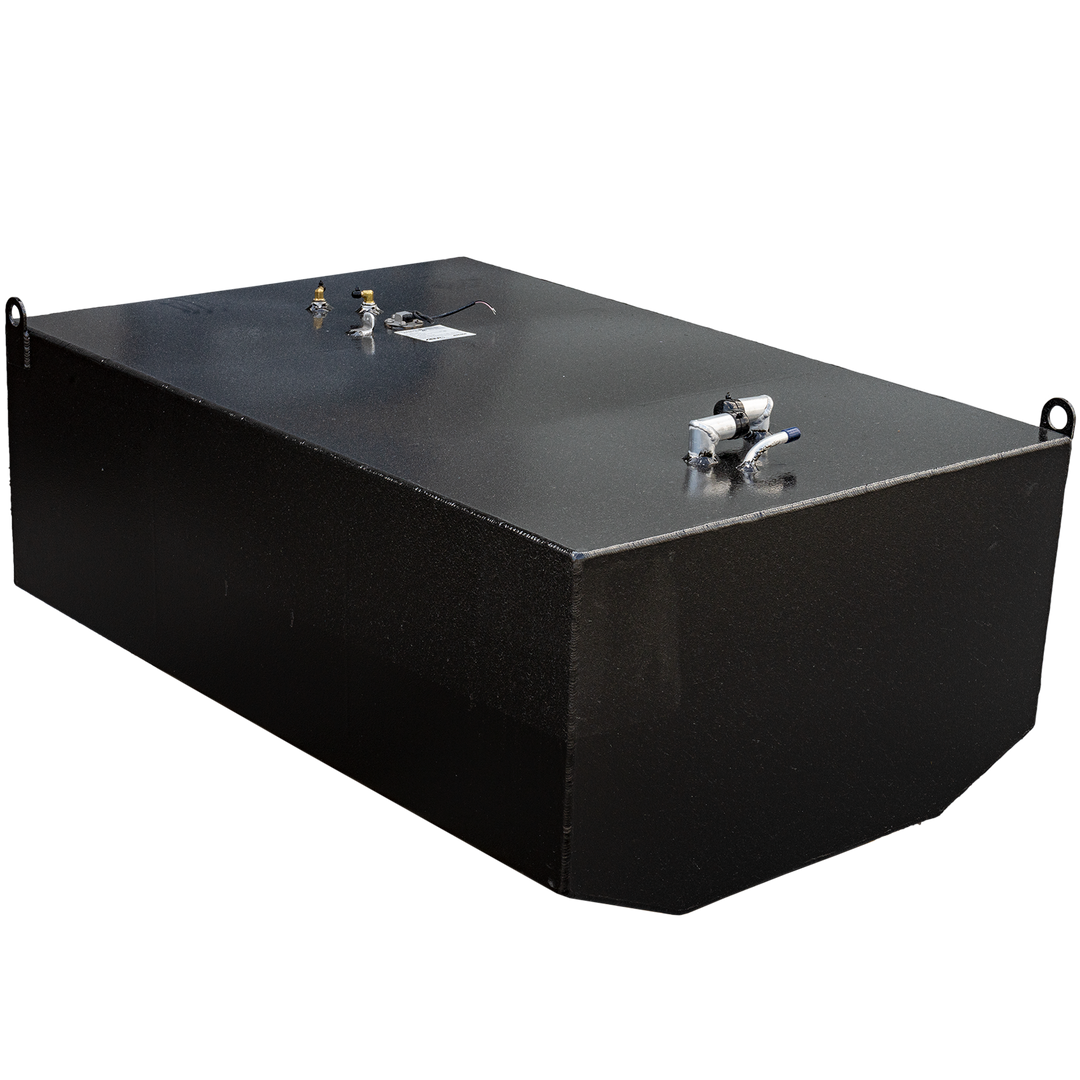 A black, rectangular fuel tank with a slightly textured surface, designed as a 254-gallon OEM replacement belly tank for a Century 29 2000. It features various metallic fittings on its top surface, including two brass-colored valves, a silver-colored component with a blue-tipped tube, and two metal rings, all set against a black and grey checkered background