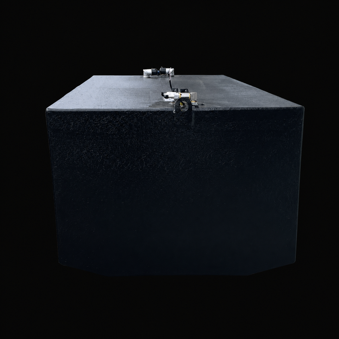 A front straight-elevation perspective view of a black Century 3200 WA/CC replacement marine fuel tank isolated against a black background. This low-angle shot highlights the massive width and volume of the 300-gallon high-capacity center-hull fuel cell, featuring a slight V-shape hull-conforming contour along the lower edge engineered by Welding World to sit flush within the vessel's central bilge cavity. Precision-fabricated from heavy-gauge marine-grade 5052-H32 aluminum, the structure is completely fini