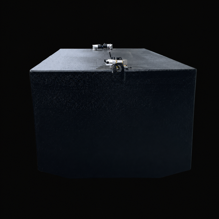 A front straight-elevation perspective view of a black Century 3200 WA/CC replacement marine fuel tank isolated against a black background. This low-angle shot highlights the massive width and volume of the 300-gallon high-capacity center-hull fuel cell, featuring a slight V-shape hull-conforming contour along the lower edge engineered by Welding World to sit flush within the vessel's central bilge cavity. Precision-fabricated from heavy-gauge marine-grade 5052-H32 aluminum, the structure is completely fini