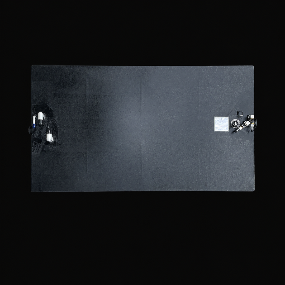 A horizontal top-down aerial view detailing the flat deck plumbing configuration of a black Century 3200 WA/CC replacement marine fuel tank isolated against a black background. This bird's-eye perspective displays the expansive rectangular surface area of the 300-gallon high-capacity center-hull fuel cell, precision-fabricated from heavy-gauge marine-grade 5052-H32 aluminum. The structure is completely finished in an anti-corrosive, textured black TarGard epoxy coating. The decentralized mechanical hardware