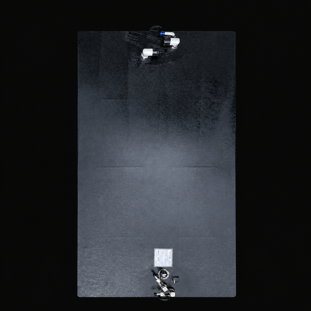 A straight top-down aerial view detailing the flat deck plumbing configuration of a black Century 3200 WA/CC replacement marine fuel tank isolated on a black background. This bird's-eye perspective displays the large rectangular surface area of the 300-gallon high-capacity center-hull fuel cell, precision-fabricated by Welding World from heavy-gauge marine-grade 5052-H32 aluminum. The structure is completely finished in an anti-corrosive, textured black TarGard epoxy coating. The decentralized mechanical ha