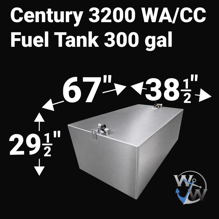 Dimensional technical diagram for a raw aluminum Century 3200 WA/CC 300 gal Fuel Tank replacement. The graphic displays precise technical specifications with measurements of 67" length, 38 1/2" width, and 29 1/2" height, showcasing a massive, rectangular box-shaped profile engineered by Welding World to fit securely within the boat's central bilge cavity. The top deck displays an unsealed variant layout featuring a front-mounted lifting eye and a specialized decentralized mechanical hardware configuration, 
