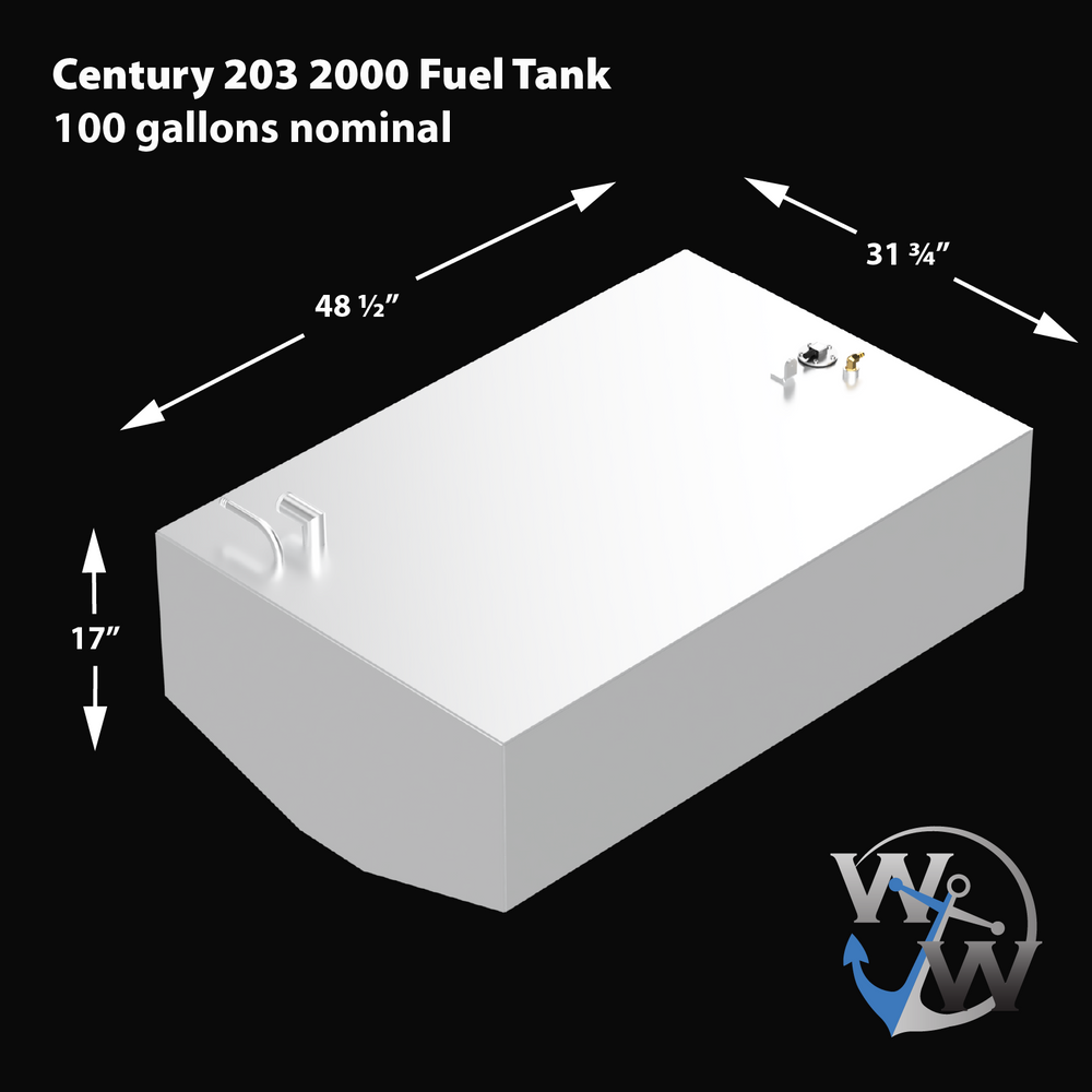 3D model rendering of a Century 203 fuel tank from the year 2000 with a nominal capacity of 100 gallons. The tank is rectangular with a slightly angled end. Dimensions are 48.5 inches long, 31.75 inches wide, and 17 inches high. It has fittings and mounts on the top surface, shown in silver and gold colors. The background is black with white text labeling the tank specifications