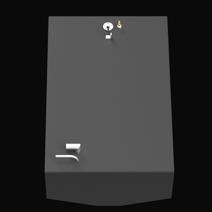 3D model rendering of a Century 203 fuel tank viewed from above. The tank has a rectangular shape with a slightly angled front edge. The top surface features multiple fittings including two curved pipes near the front and several circular metal components near the back. The tank body is dark gray and the fittings are white and gold, displayed against a solid black background