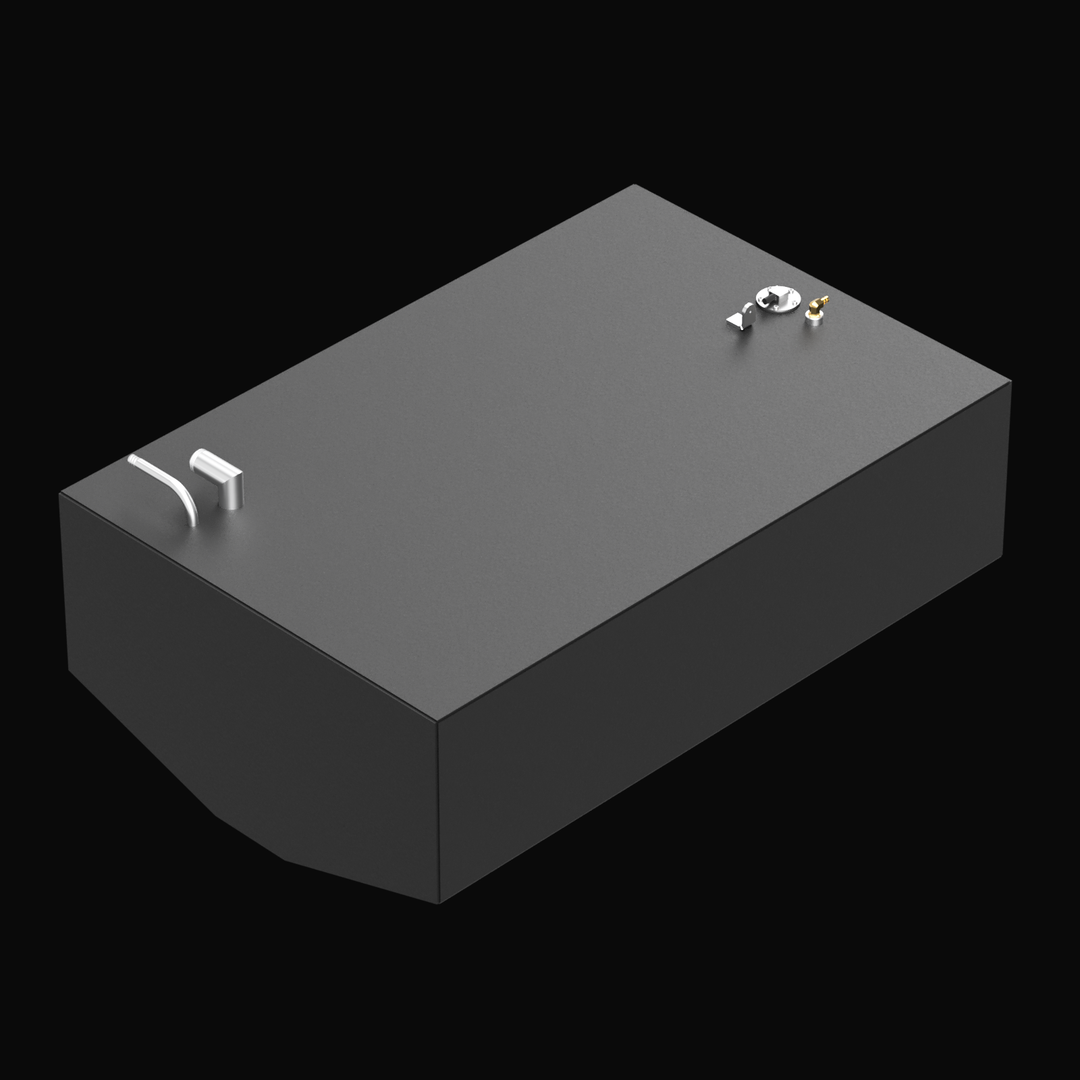 3D model rendering of a Century Boats 203 fuel tank from 2000. The tank is an OEM replacement with a 98-gallon capacity. It is a rectangular black aluminum tank with rounded corners on one end and various fittings and mounts on the top surface