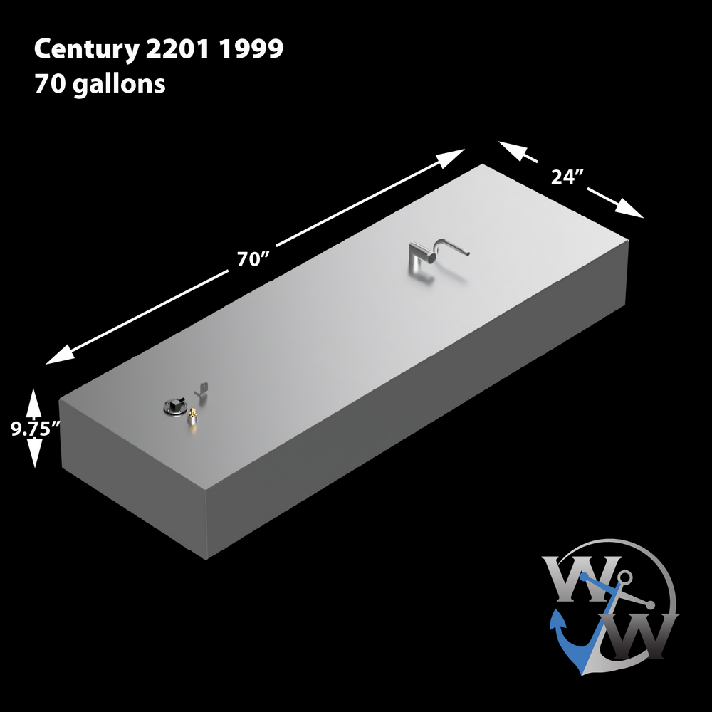 Dimensional drawing of a Century 2201 1999 70-gallon fuel tank, measuring 70 inches long, 24 inches wide, and 9.75 inches high, featuring the logo