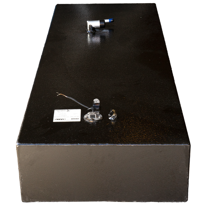 A black Century boat fuel tank with fittings and a certification label visible, set against a checkered background