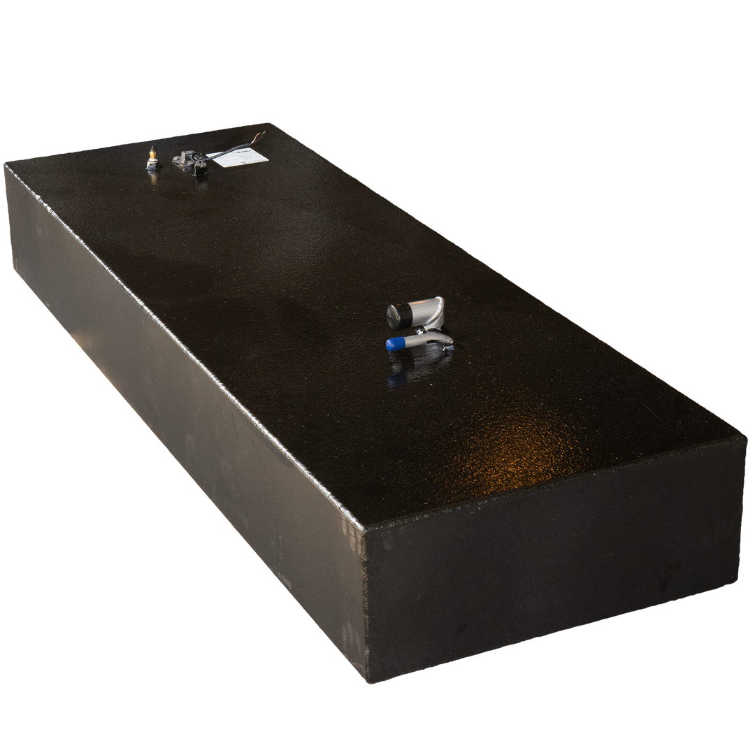 Black Century boat fuel tank with fuel and vent line fittings, set against a checkered background