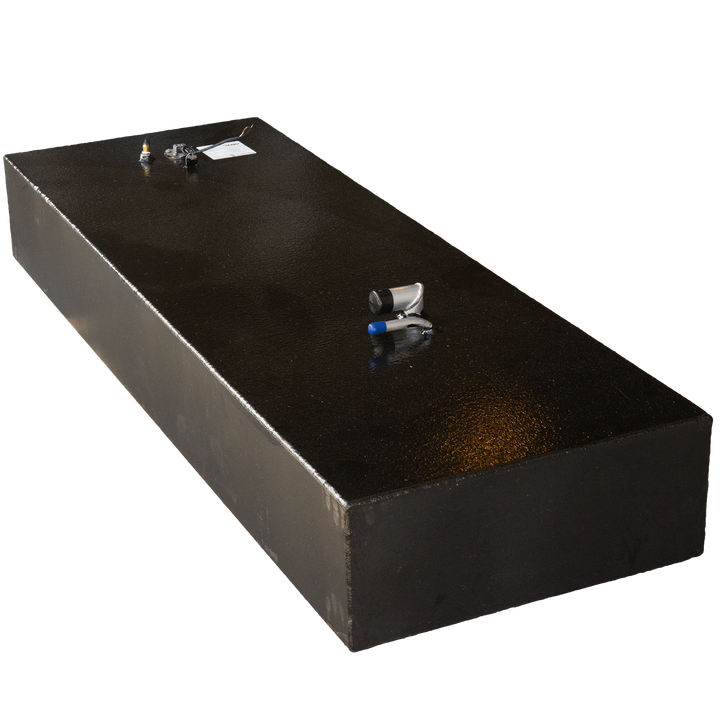 Black Century boat fuel tank with fuel and vent line fittings, set against a checkered background