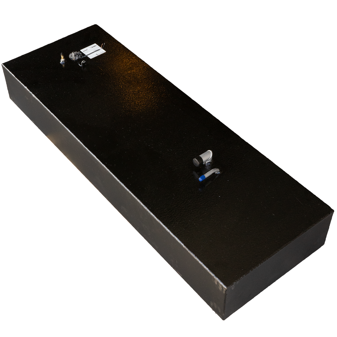 Black Century Boats 2201 fuel tank, showing the fuel fill, fuel sending unit, and fuel line connections, against a checkered background