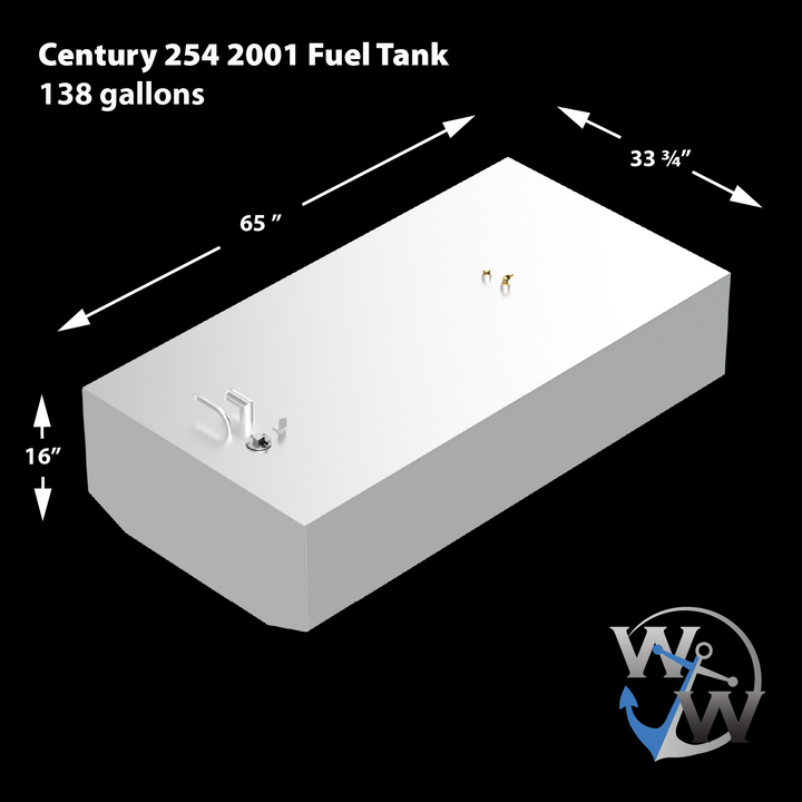 OEM replacement belly fuel tank for a 2001 Century Boats 254, featuring a sleek black design and equipped with fuel fittings and a sending unit