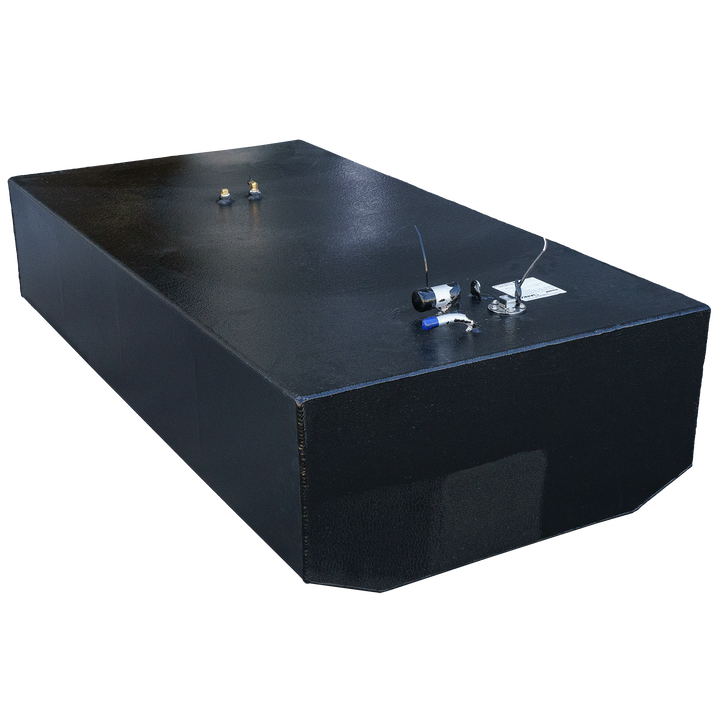 OEM replacement belly fuel tank for a 2001 Century Boats 254, featuring a sleek black design and equipped with fuel fittings and a sending unit