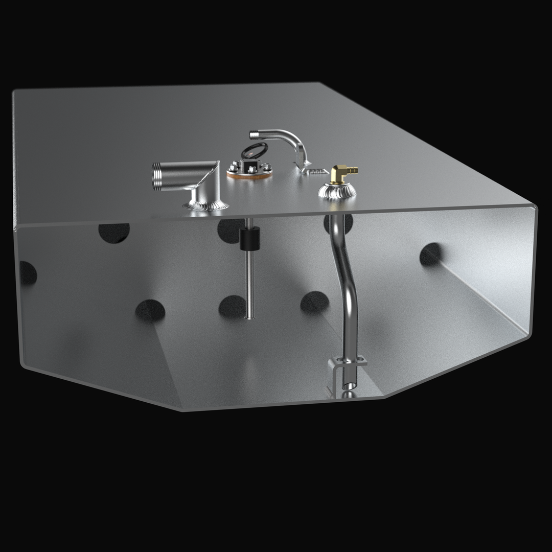 Internal cutaway view of a Chaparral 216 SSI replacement fuel tank showcasing the heavy-duty internal baffle system and anti-siphon pickup tube. The image highlights the precision TIG welding on .190" marine-grade aluminum and the specialized V-shape bottom designed for a guaranteed 100% drop-in fit. These baffles are engineered to reduce fuel slosh and maintain vessel stability during various sea conditions.
