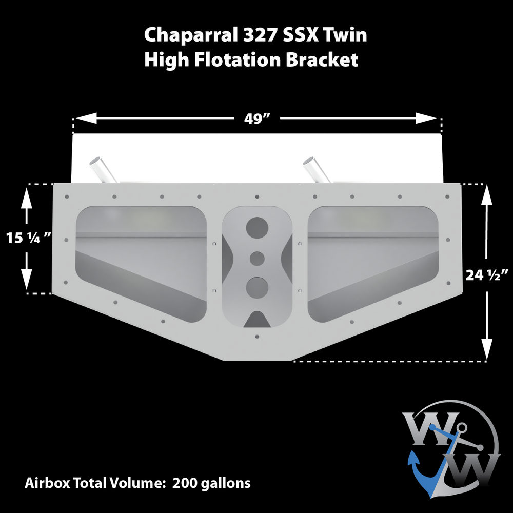 Diagram of a Chaparral 327 SSX Twin High Flotation Bracket, showing a white metal structure with detailed measurements: 49 inches wide, 24.5 inches tall, and 15 ¼ inches deep on one side. The diagram includes the text "Airbox Total Volume: 200 gallons" and a logo at the bottom right corner. The background is black