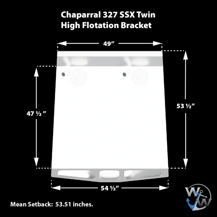 Diagram of a Chaparral 327 SSX Twin High Flotation Bracket, showing a white outline of the bracket with dimensions marked: 49 inches wide at the top, 54 ½ inches wide at the bottom, 47 ½ inches tall on the left side, and 53 ½ inches tall on the right side. The diagram includes a note indicating a mean setback of 53.51 inches and features the W&W logo at the bottom right corner. The background is black