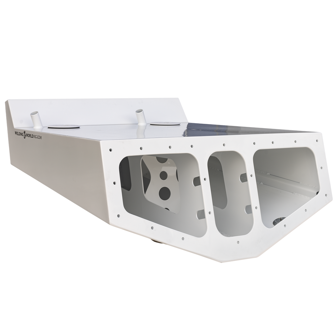 White custom high flotation twin outboard engine bracket designed for a Chaparral 327 SSX, shown from an angled front view with multiple cutouts and mounting holes. The background is transparent with a checkered pattern