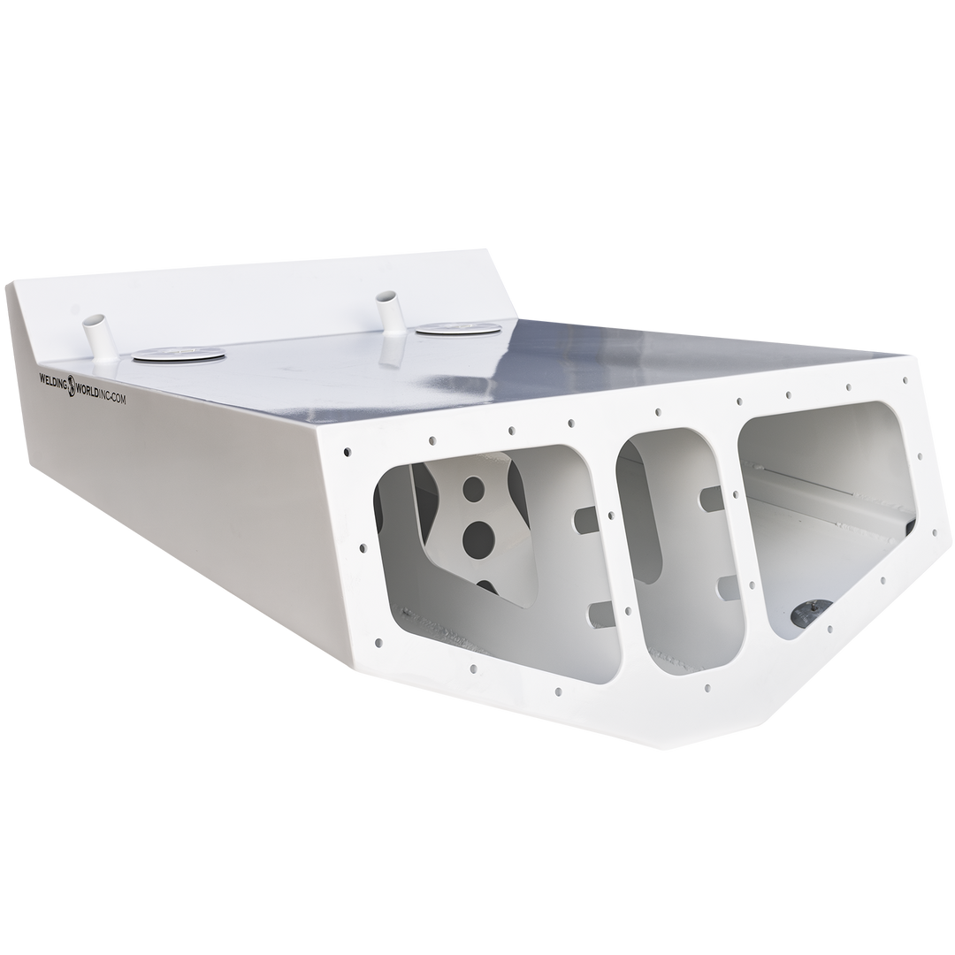 White custom high flotation twin outboard engine bracket designed for a Chaparral 327 SSX, showing a rectangular metal frame with multiple cutouts, mounting holes, and a slightly angled backrest section. The bracket has "WELDING WORLD INC.COM" printed on the side. The background is transparent.

