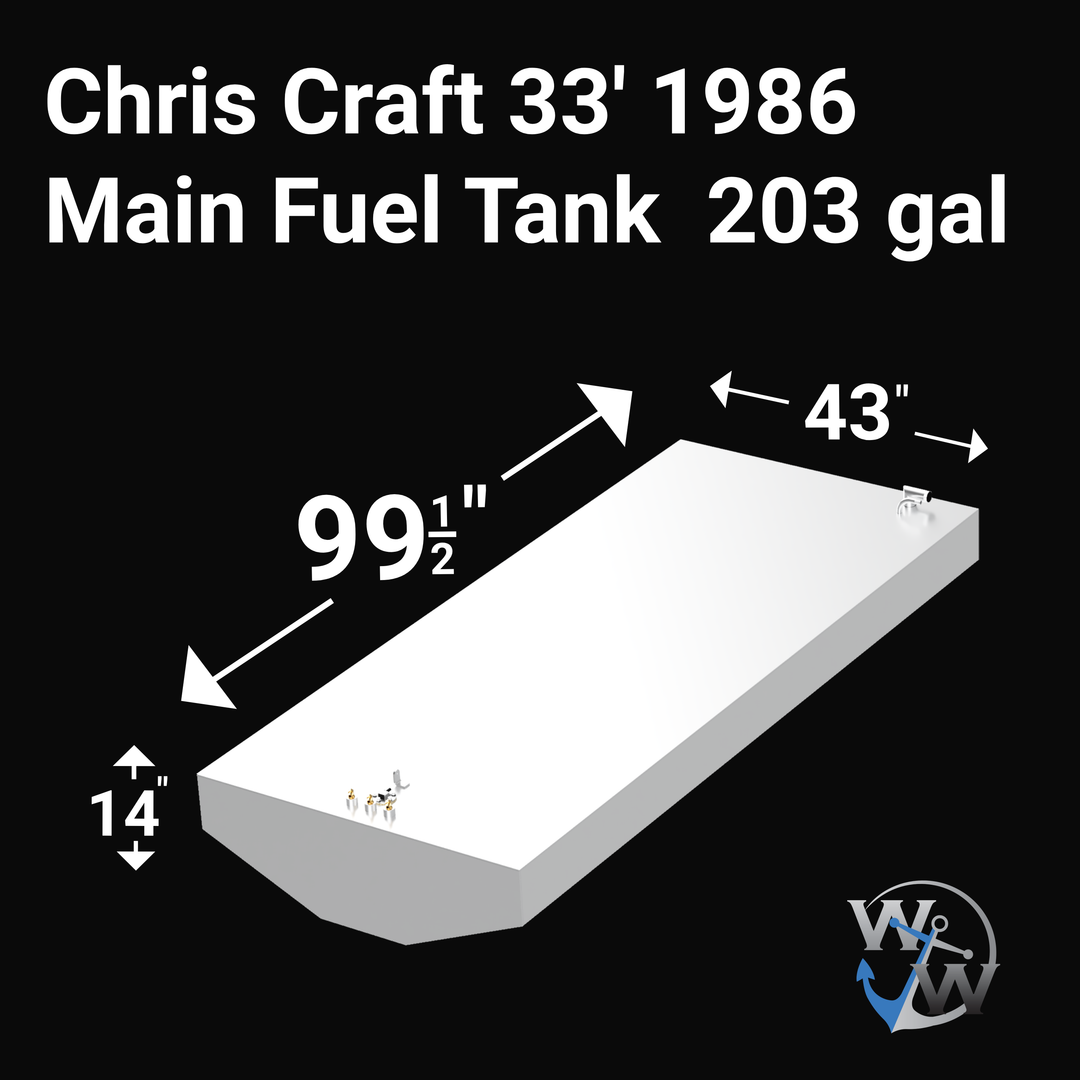 Labeled 3D rendering of the main fuel tank for a 1986 Chris Craft 33-foot boat. The tank is white with fittings on top for fuel fill, vent, and sending unit. The dimensions are 99 ½ inches in length, 43 inches in width, and 14 inches in height. The tank features mounting tabs on the sides. The capacity is 203 gallons. The rendering is set against a black background and includes a small logo in the lower right corner