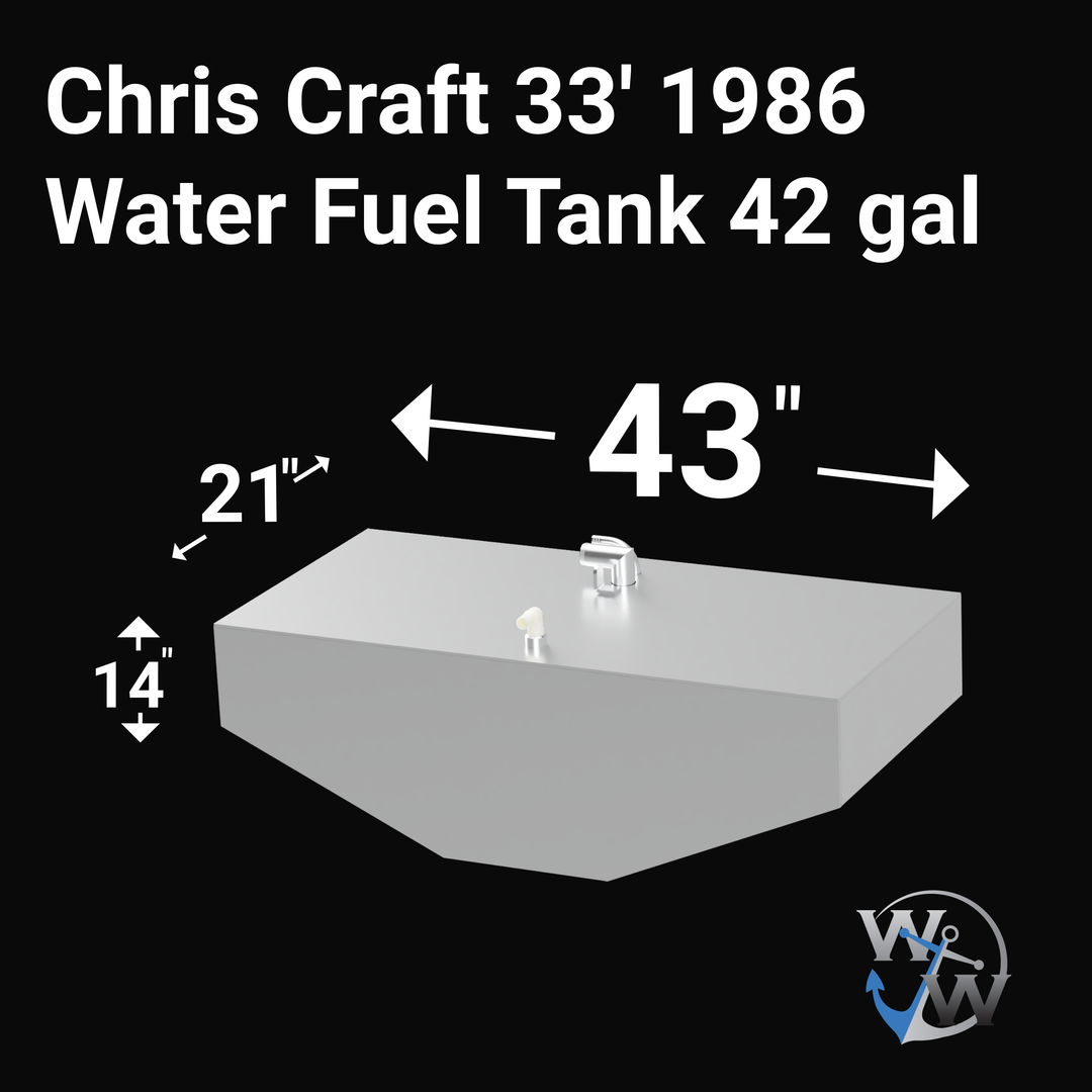 Labeled 3D rendering of a 42-gallon water fuel tank for a 1986 Chris Craft 33-foot boat. The tank is white with fittings on top for water fill, vent, and other connections. Dimensions shown are 43 inches in width, 21 inches in length, and 14 inches in height. The tank has mounting tabs on the sides. The rendering is set against a black background and includes a small logo in the lower right corner