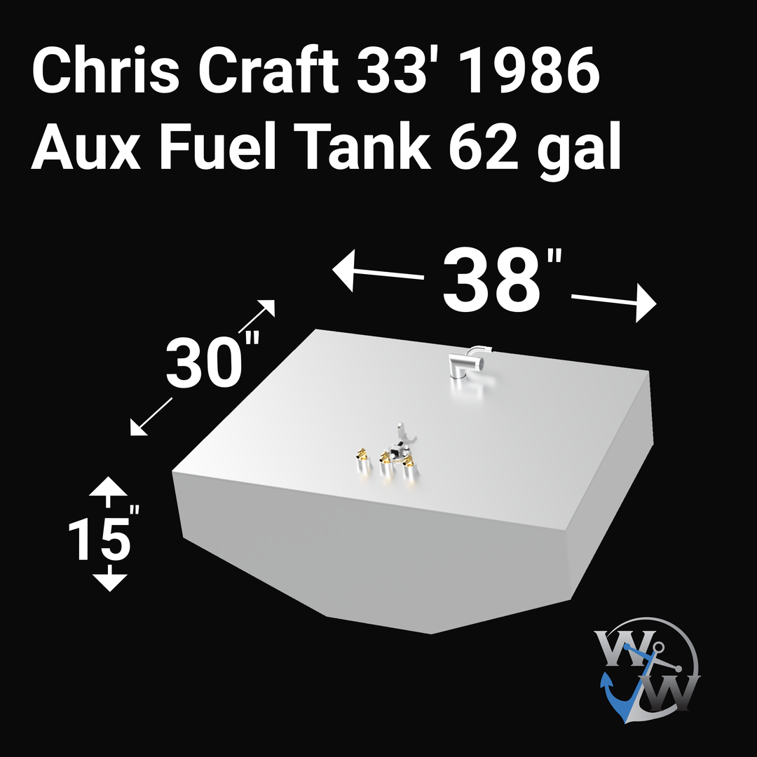 Labeled 3D rendering of a 62-gallon auxiliary fuel tank for a 1986 Chris Craft 38-foot boat. The tank is white with fittings on top including fuel fill, vent, and sending unit. Dimensions shown are 38 inches in width, 30 inches in length, and 15 inches in height. The tank has mounting tabs on the sides. The rendering is set against a black background and includes a small logo in the lower right corner