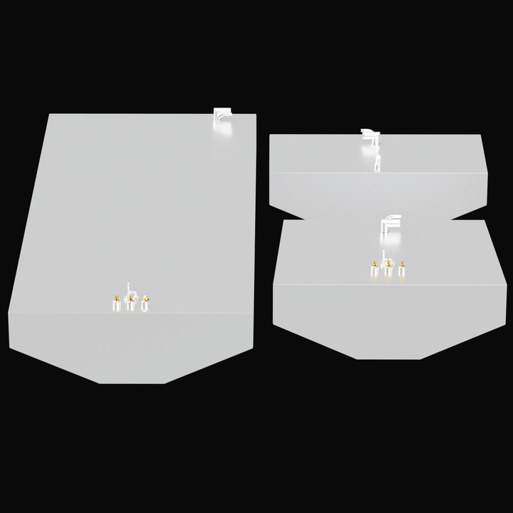 Labeled 3D rendering of a set of three fuel tanks for a 1986 Chris Craft 33-foot boat, shown side by side against a black background. The tanks are white with fittings and mounting tabs on top. The largest tank on the left is the main fuel tank with 203-gallon capacity and dimensions 99 ½ inches length, 43 inches width, and 14 inches height. The middle tank is the auxiliary fuel tank with 62-gallon capacity and dimensions 38 inches width, 30 inches length, and 15 inches height. The smallest tank at the back