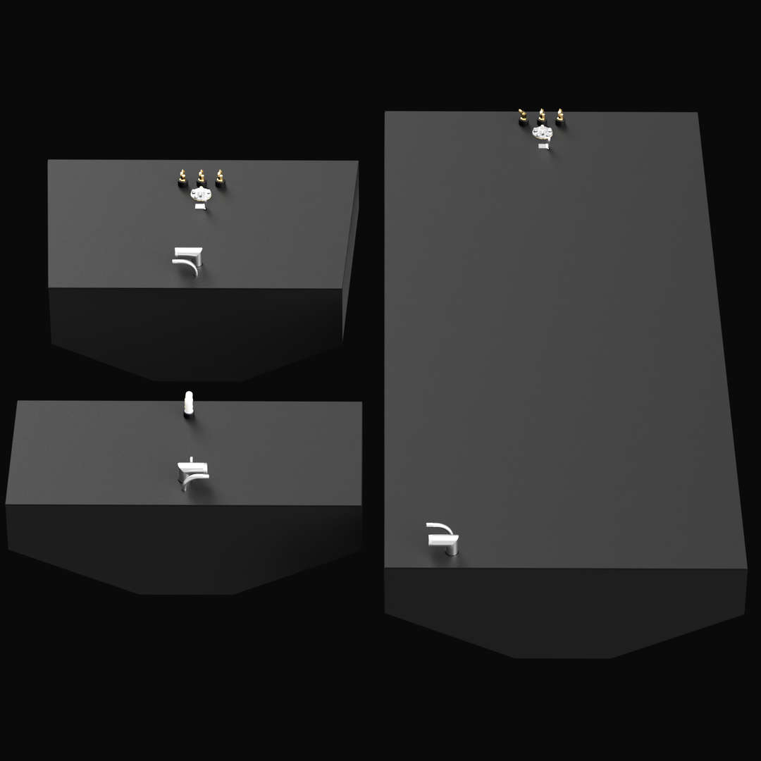 3D rendering of a set of three black fuel tanks displayed on a black background. The tanks vary in size and are arranged in a triangular grouping. Each tank features fittings and mounting tabs on top. The largest tank on the right has three brass fittings and a circular sending unit. The two smaller tanks on the left each have a vent fitting and a fuel fill pipe. The tanks appear to be designed for marine use with a clean, matte finish.