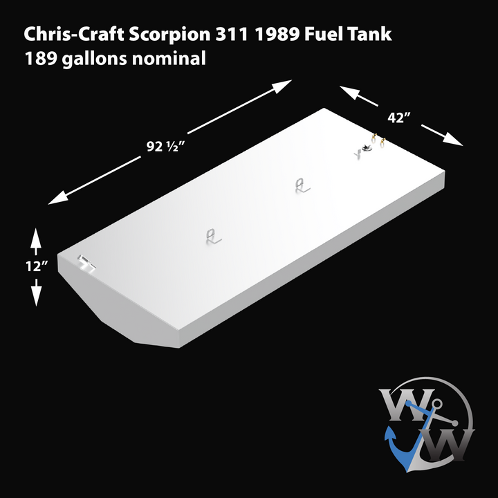 "White rectangular fuel tank with beveled front edge, viewed at an angle to show the top and one side. The tank has three metal brackets on top, brass and metal fittings on the top rear right corner, and a small metal bracket on the front left corner. Dimensions are labeled as 92 ½ inches long, 42 inches wide, and 12 inches tall. Text on the image reads 'Chris-Craft Scorpion 311 1989 Fuel Tank, 189 gallons nominal' with the Welding World logo in the bottom right corner