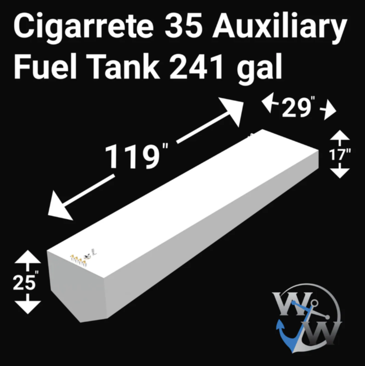 Intended for a 4-tank combination fuel system designed for a 1975 Cigarette 35' high-performance boat, boasting an exceptionally large total capacity of 888 gallons. This complex fuel system would typically comprise four individual tanks, custom-fabricated from marine-grade aluminum. These tanks would be engineered to integrate seamlessly within the boat's hull, optimizing space and maintaining proper weight distribution essential for performance vessels.