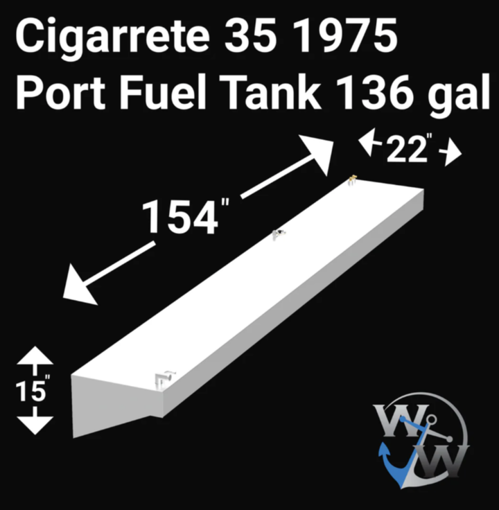 Intended for a 4-tank combination fuel system designed for a 1975 Cigarette 35' high-performance boat, boasting an exceptionally large total capacity of 888 gallons. This complex fuel system would typically comprise four individual tanks, custom-fabricated from marine-grade aluminum. These tanks would be engineered to integrate seamlessly within the boat's hull, optimizing space and maintaining proper weight distribution essential for performance vessels.