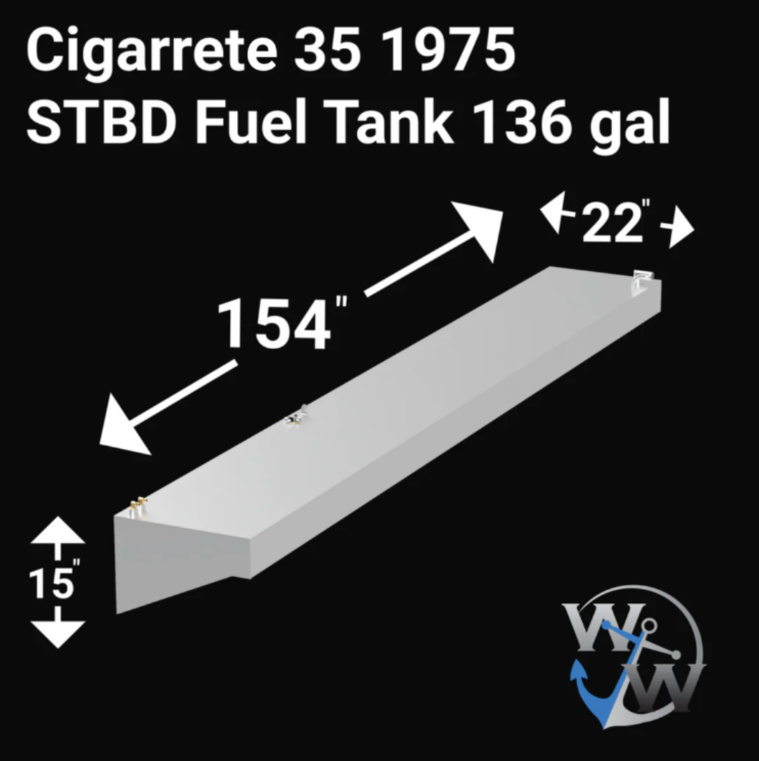 Intended for a 4-tank combination fuel system designed for a 1975 Cigarette 35' high-performance boat, boasting an exceptionally large total capacity of 888 gallons. This complex fuel system would typically comprise four individual tanks, custom-fabricated from marine-grade aluminum. These tanks would be engineered to integrate seamlessly within the boat's hull, optimizing space and maintaining proper weight distribution essential for performance vessels.