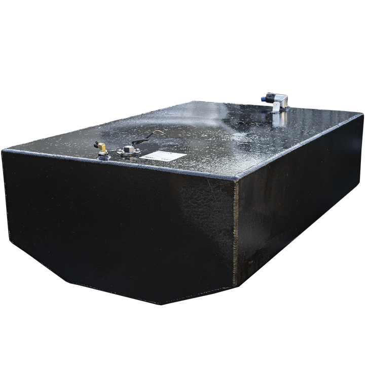 A black, rectangular 100-gallon OEM replacement fuel tank for a Cobia 214 - 2001 is shown against a black and grey checkerboard background. The tank has a textured finish and chamfered bottom edges. Its top surface features various fittings, including a brass-colored valve, a white label, and a white and blue hose connection