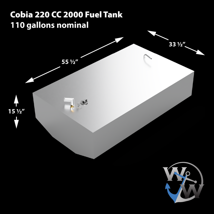 A silver, rectangular fuel tank for a Cobia 220 CC 2000, labeled as a "Fuel Tank" with a nominal capacity of 110 gallons. Its dimensions are 55 1/2 inches long, 33 1/2 inches wide, and 15 1/2 inches high. Various ports and fittings are visible on its top surface, including a curved pipe. A white and blue "WW" logo with an anchor is in the bottom right corner