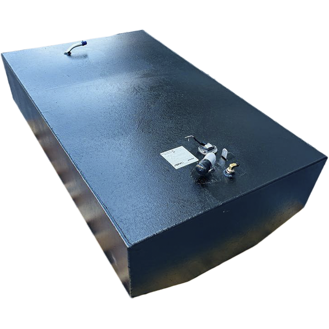 A dark, rectangular fuel tank with a textured surface is positioned against a black and grey checkered background. Various fittings, including a small curved pipe with a blue tip, a cap, and a wired sensor, are visible on its top surface. A white label with "ABYC" and other text is also present