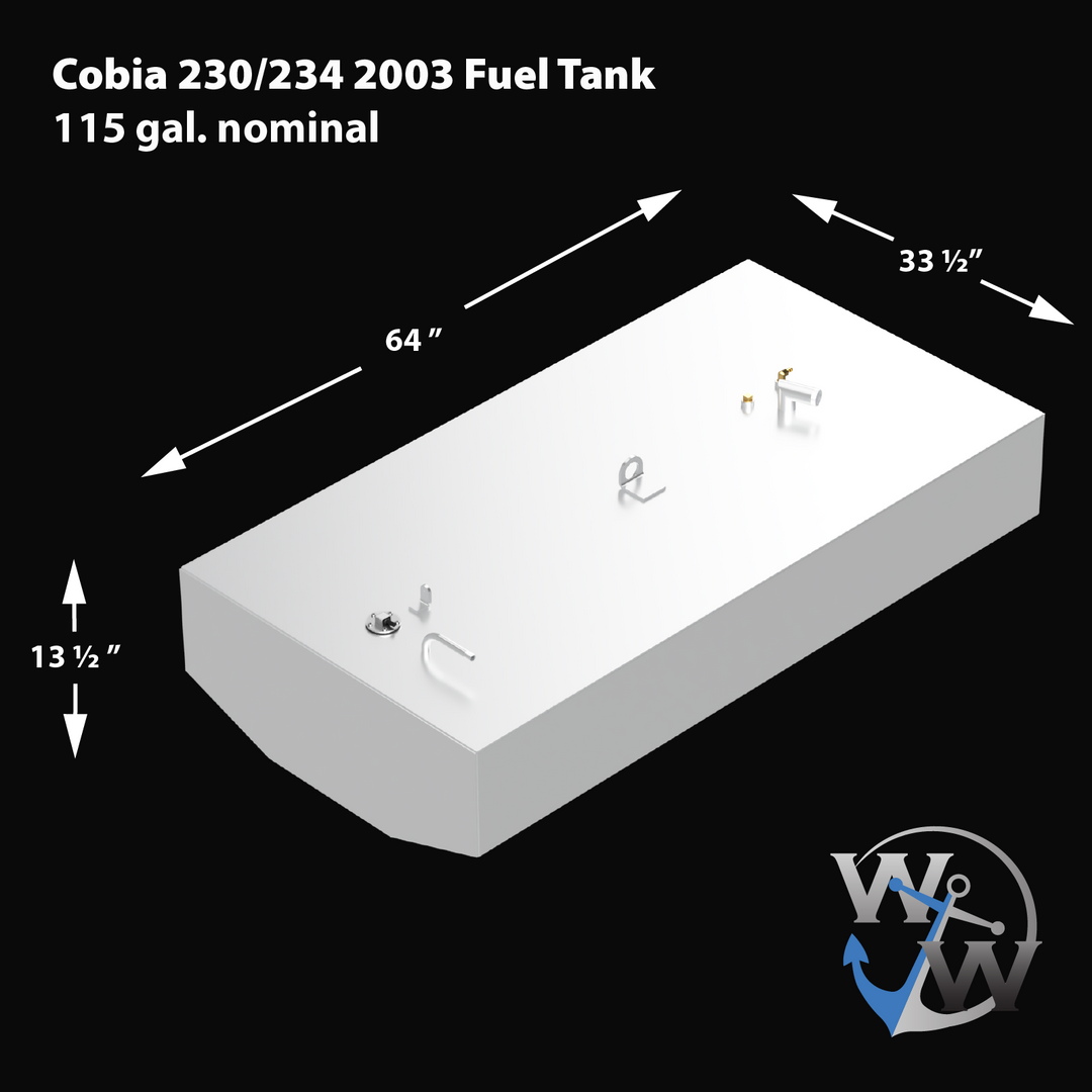 3D rendered image of a white Built to OEM Specs fuel tank for a Cobia 230/234 2003 model, with dimensions and fittings shown on top. The tank measures 64 inches long, 33.5 inches wide, and 13.5 inches high. Text at the top left indicates "Cobia 230/234 2003 Fuel Tank 115 gal. nominal." The background is black with the W logo watermark in the bottom right corner