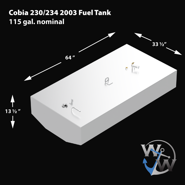 3D rendered image of a white Built to OEM Specs fuel tank for a Cobia 230/234 2003 model, with dimensions and fittings shown on top. The tank measures 64 inches long, 33.5 inches wide, and 13.5 inches high. Text at the top left indicates "Cobia 230/234 2003 Fuel Tank 115 gal. nominal." The background is black with the W logo watermark in the bottom right corner