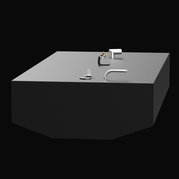 3D rendered image of a black Built to OEM Specs fuel tank shown at an angle against a black background. The tank is rectangular with a slanted front edge. The top surface features multiple fittings and attachments in silver and brass colors. No text or logos are present