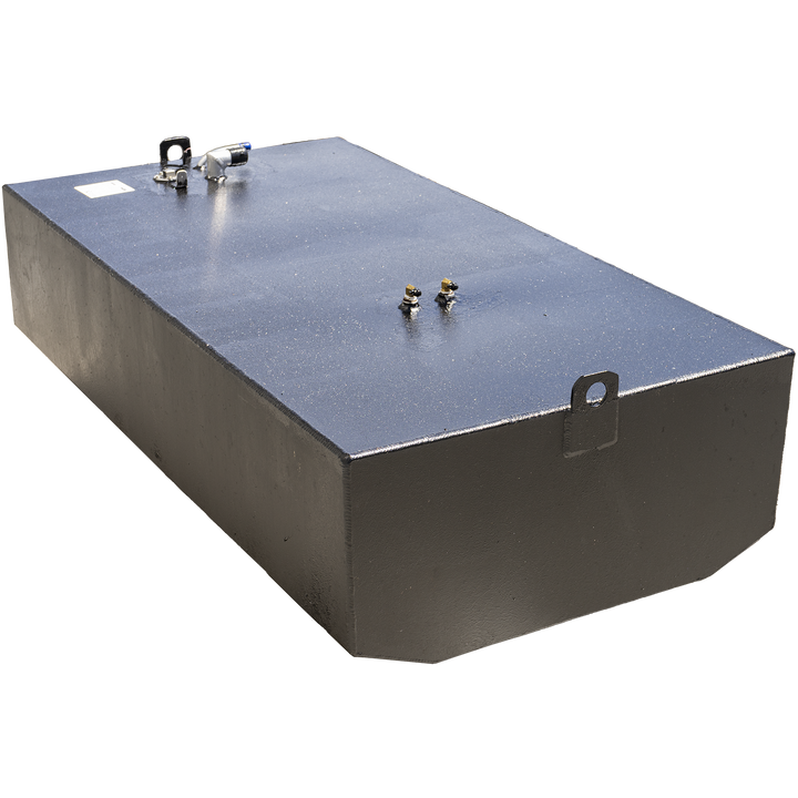 A black, rectangular boat fuel tank with a slightly textured finish. It features various metal fittings on its top surface, including a large ring-shaped handle on one end and several smaller nozzles or connectors, one with a blue cap