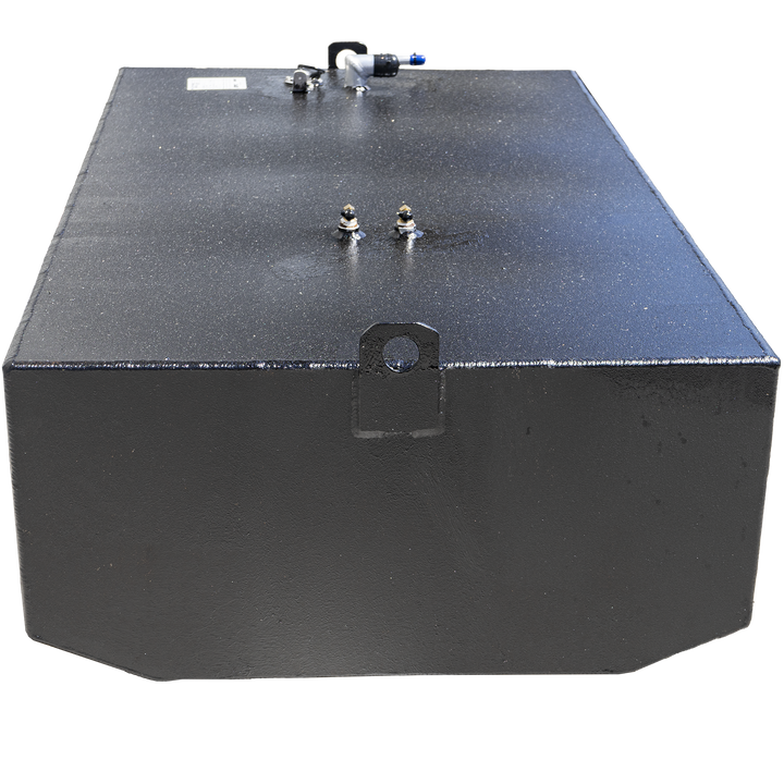 A black, rectangular boat fuel tank with a slightly textured finish and angled corners. Various metal fittings are visible on its top surface, including a large ring-shaped handle, two small posts, and a complex fitting with a blue cap