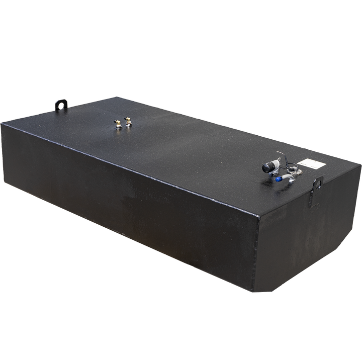 A textured, black, rectangular boat fuel tank shown from a slight angle. It has various metal fittings on top, including a large ring-shaped handle, two small brass-colored posts, and a complex fitting with a blue cap