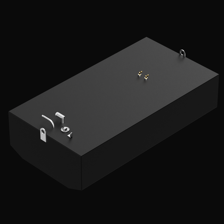 3D render of a black Built to OEM Specs fuel tank for a 2001 Cobia 25.4 boat with a 138-gallon capacity. The tank features a chamfered front edge, top-mounted fittings including a fill neck, vent, sender unit, dual fuel pickups, and lifting tabs on both ends