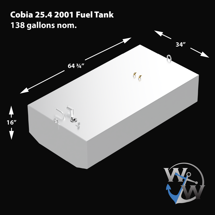 3D render of an OEM replacement fuel tank for a 2001 Cobia 25.4 boat with a 138-gallon nominal capacity. The tank measures 64.75 inches long, 34 inches wide, and 16 inches high. Features include top-mounted fittings for fill, vent, sender, and dual fuel pickups, as well as lifting tabs at both ends. WW anchor logo in bottom right corner