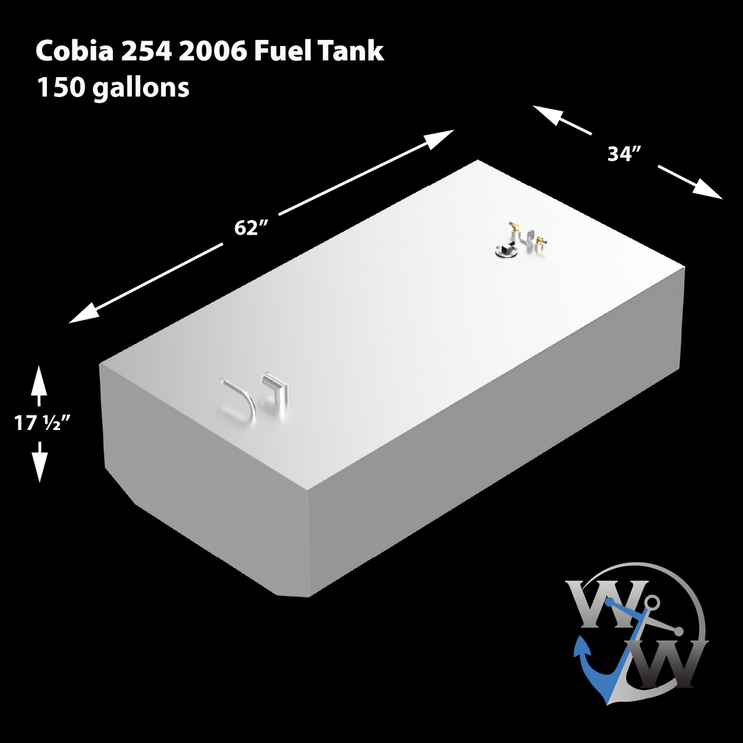 2006 Cobia 254 fuel tank with a capacity of 150 gallons, measuring 62 inches in length, 34 inches in width, and 17.5 inches in height, featuring fuel connections on the top