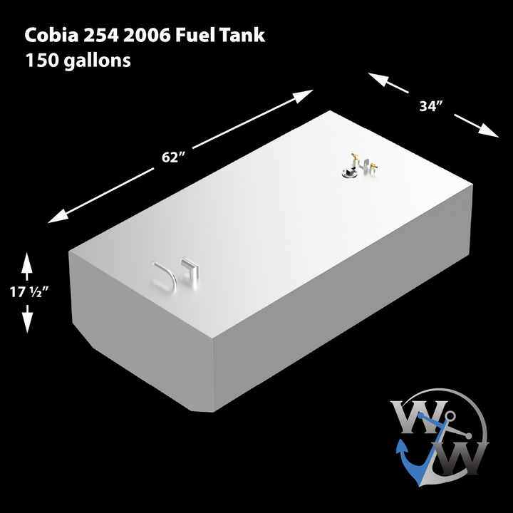 2006 Cobia 254 fuel tank with a capacity of 150 gallons, measuring 62 inches in length, 34 inches in width, and 17.5 inches in height, featuring fuel connections on the top