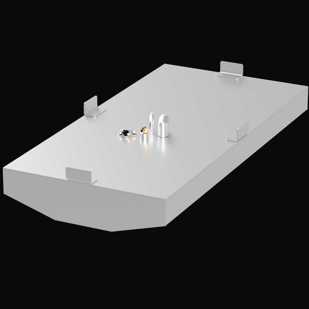 3D rendering of a 30-gallon aluminum marine fuel tank designed for the 1995 Cobia Caribbean 17.4. The tank features a slanted front edge, four mounting tabs, and fittings for fuel fill, vent, and sender unit. The tank is shown in a clean, white metal finish on a black background.