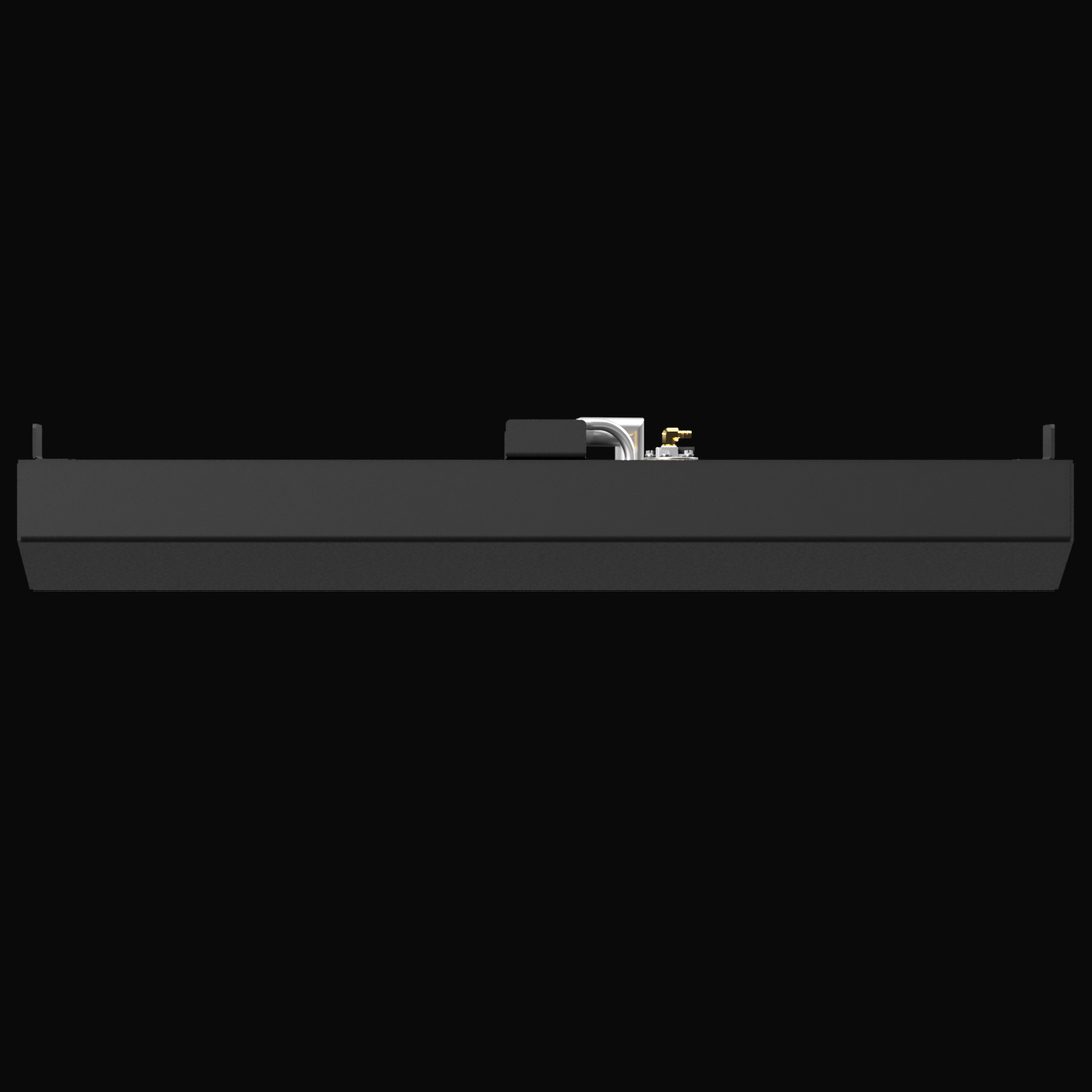 Side view of a black 30-gallon marine fuel tank designed for a 1995 Cobia Caribbean 17.4. The image highlights the low-profile shape and top-mounted fittings, including a vent, fill tube, and sender unit on the upper center-right.