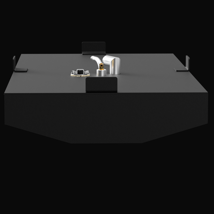Top view of a black 30-gallon marine fuel tank for a 1995 Cobia Caribbean 17.4, showing centered mounting brackets and three fittings: a vent tube, fill tube, and sender unit grouped slightly right of center.