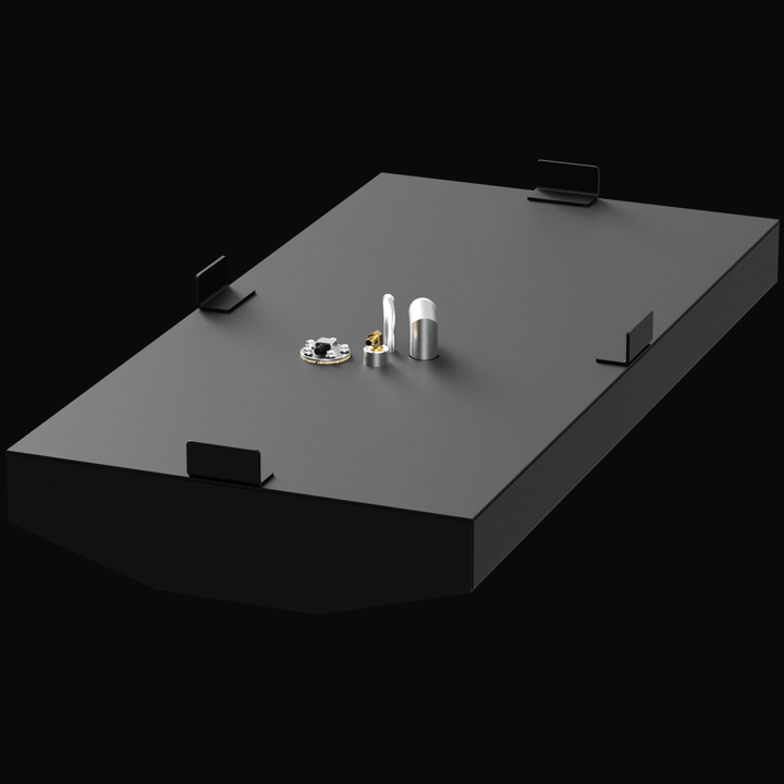 3D render of a 30-gallon marine fuel tank designed for the 1995 Cobia Caribbean 17.4 boat, featuring a matte black finish, angled front edge, multiple mounting tabs, and top-mounted fittings for fuel fill, vent, and sending unit. 