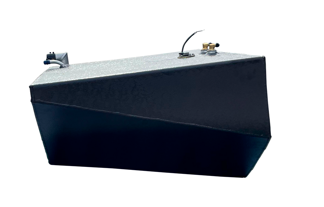 A technical side elevation photograph of the Conch 27 Center fuel tank, showcasing its distinct wedge-shaped profile with a flat top and steeply angled sides that taper toward a narrow base. The tank features a textured black finish and top-mounted hardware, including two brass fittings, an electrical lead, and a silver-toned fill neck assembly at the far left edge. This view highlights the symmetrical tapering design engineered to fit the deep-V hull of a center console boat.